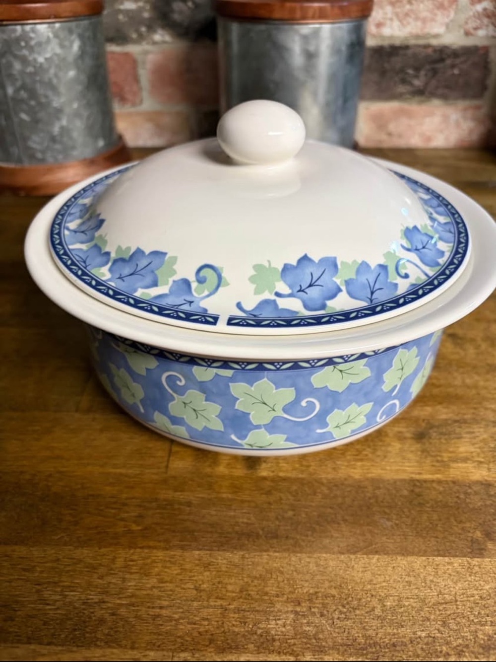 Pfaltzgraff Blue Floral Covered Casserole with Green Vine Accents